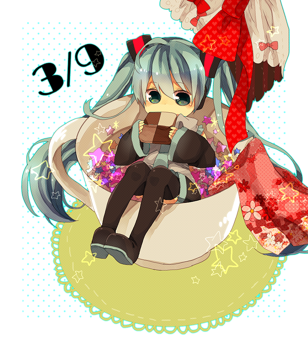 aqua_hair boots checkerboard_cookie cookie cup detached_sleeves food green_eyes hatsune_miku in_food long_hair mikupa minigirl mug necktie sitting skirt solo thigh-highs thigh_boots thighhighs twintails very_long_hair vocaloid yuya_kyoro