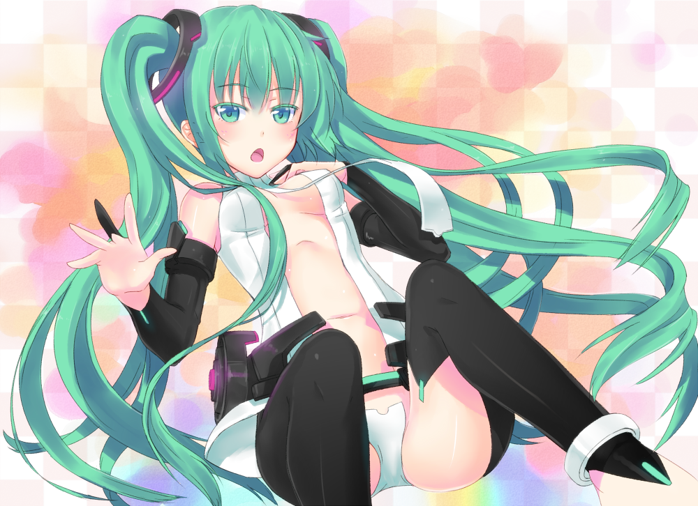 breasts bridal_gauntlets center_opening green_eyes green_hair hatsune_miku hatsune_miku_(append) jewelry long_hair madoromi_(zzzzzz) miku_append navel open_mouth sitting thigh-highs thighhighs twintails very_long_hair vocaloid vocaloid_append