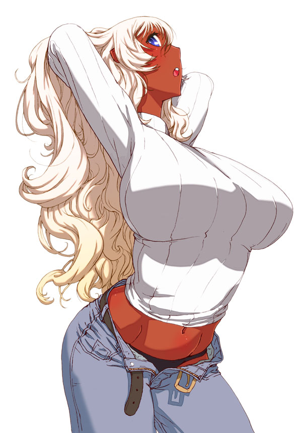 arched_back arms_behind_head belt black_panties blue_eyes breasts copyright_request dark_skin ganguro huge_breasts jeans large_breasts long_hair midriff navel oono_tsutomu panties ribbed_sweater solo sweater toned unbuttoned underwear unzipped white_hair