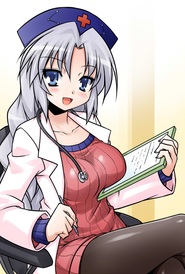 akou_roushi black_legwear blue_eyes blush braid breasts chair clipboard crossed_legs hat holding labcoat large_breasts legs_crossed long_hair long_sleeves looking_at_viewer open_mouth pantyhose paper pen ribbed_sweater silver_hair simple_background sitting smile solo stethoscope sweater touhou yagokoro_eirin