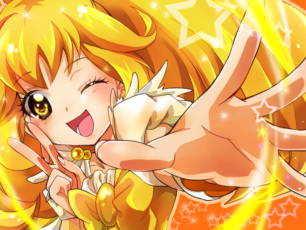 1024x768 bad_id blonde_hair cure_peace earrings foreshortening hunakosi jewelry kise_yayoi long_hair magical_girl open_mouth precure smile smile_precure! solo star v wallpaper wink yellow_eyes