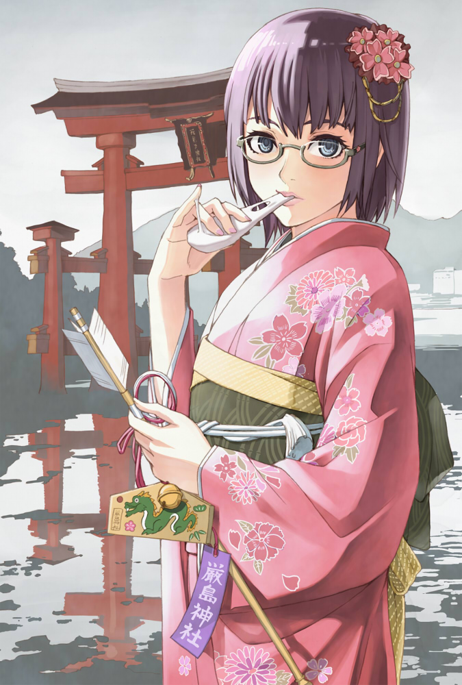 arrow bell black_hair blue_eyes building eating ema floral_print flower food glasses hair_flower hair_ornament half_rim_glasses hamaya hill holding japanese_clothes kimono looking_at_viewer mochi new_year obi original pinky_out reflection ryoubu_torii semi-rimless_glasses short_hair solo tan_taka tassel torii under-rim_glasses wagashi water