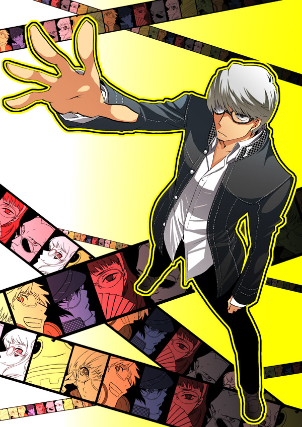 4boys 4girls amagi_yukiko androgynous bangs black_hair cabbie_hat crossdressinging fan glasses grey_eyes grey_hair hanamura_yousuke hat jacket kujikawa_rise kuma_(persona_4) long_hair male mgk968 multiple_boys multiple_girls narukami_yuu pants persona persona_4 reverse_trap satonaka_chie school_uniform shirogane_naoto short_hair solo spiked_hair spiky_hair standing sunglasses tatsumi_kanji tomboy twintails