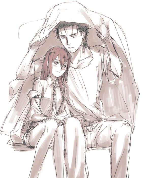 1girl artist_request bare_legs blush brown_hair couple facial_hair happy height_difference knees_touching leaning_on_person long_hair love makise_kurisu monochrome necktie no_legwear okabe_rintarou sepia shared_coat short_hair shorts sitting smile spot_color steins;gate stubble