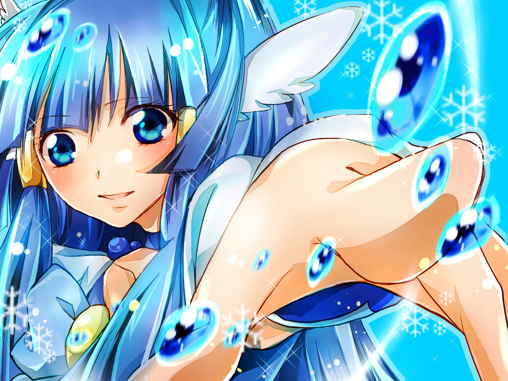 1024x768 aoki_reika bad_id blue_eyes blue_hair bubble choker cure_beauty foreshortening hunakosi long_hair magical_girl precure smile smile_precure! snowflakes solo wallpaper