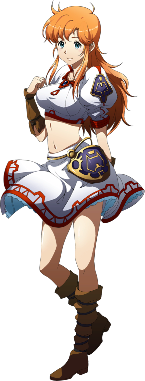 1girl arm_behind_back blue_eyes breasts brown_footwear chris_(langrisser) closed_mouth crop_top full_body highres langrisser large_breasts long_hair midriff miniskirt navel official_art orange_hair shiny shiny_hair shirt short_sleeves sidelocks skirt smile solo standing stomach straight_hair transparent_background white_shirt white_skirt