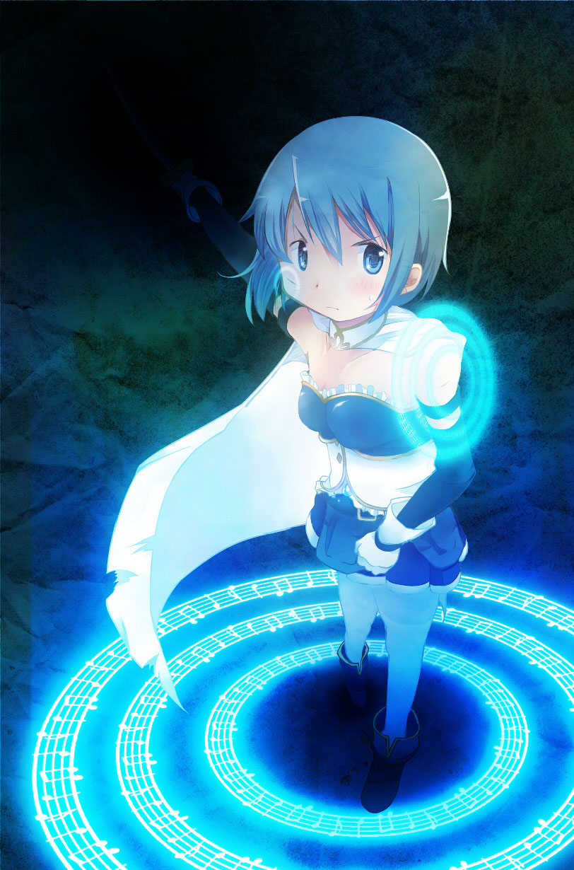 belt blue_eyes blue_hair buckle gloves highres kirikuchi_riku mahou_shoujo_madoka_magica miki_sayaka musical_note outstretched_arm raised_arm short_hair solo staff_(music)