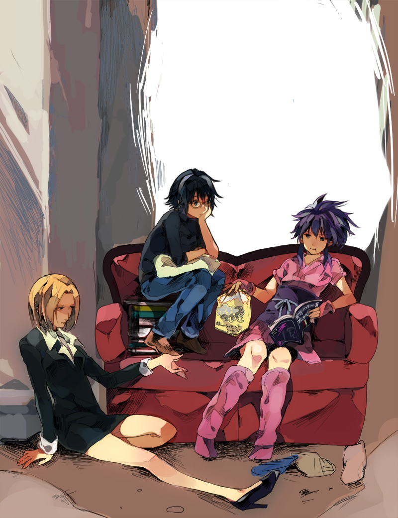 :t against_wall black_hair blonde_hair book couch eating glasses hand_on_own_face hunter_x_hunter machi_(hunter_x_hunter) multiple_girls open_book outstretched_leg pakunoda purple_hair shizuku_(hunter_x_hunter) sitting unkowata