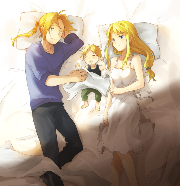 1girl adult baby bed bed_sheet blonde_hair blue_eyes child couple dress drooling earrings edward_elric fullmetal_alchemist if_they_mated jewelry long_hair lying on_back on_bed pillow ponytail riru shade sleeping sundress wedding_ring winry_rockbell yellow_eyes