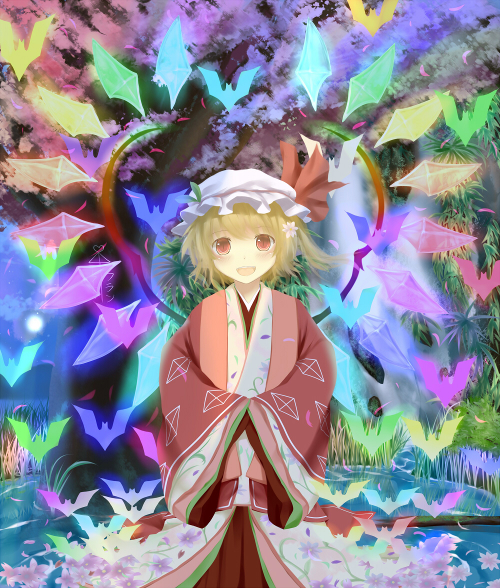 ai_ai_gasa bat blonde_hair blush bunchou_(bunchou3103) cloud flandre_scarlet flower hair_flower hair_ornament hat japanese_clothes kimono moon open_mouth red_eyes short_hair side_ponytail smile solo the_embodiment_of_scarlet_devil touhou tree wading water wings