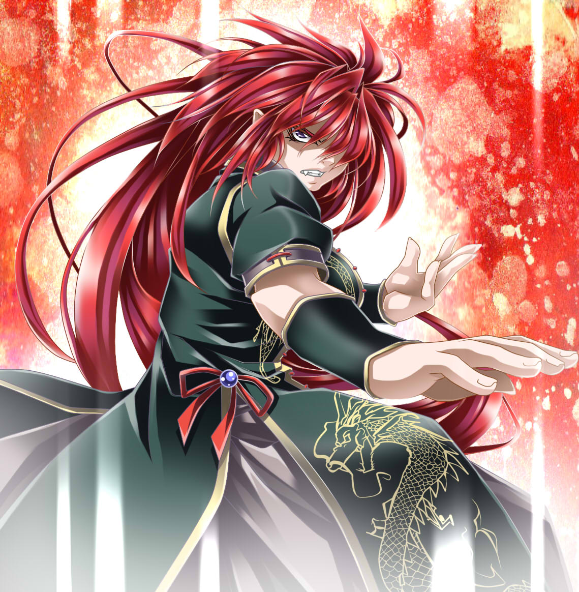 chinese_clothes dragon ex-meiling fangs fighting_stance hong_meiling long_hair pointy_ears red_hair redhead touhou yoiti