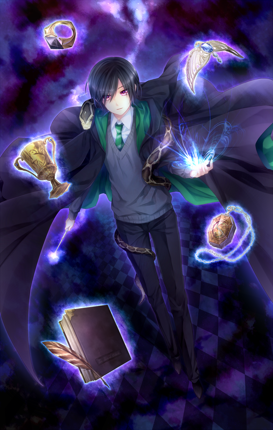 animal_on_shoulder black_hair book checkered checkered_floor feathers glowing goblet harry_potter highres jewelry male necklace necktie pendant red_eyes ring school_uniform snake solo tom_marvolo_riddle wand yunaminato yuuna_minato