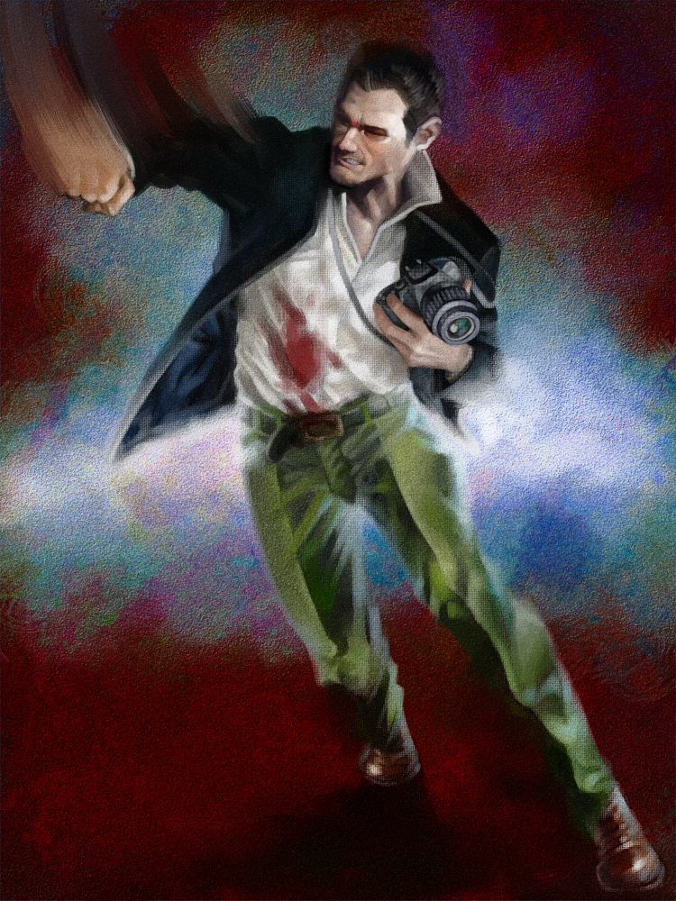belt black_hair blood blood_stain bloody_clothes camera dead_rising frank_west jacket male manly motion_blur pants punching realistic shiba_(berryeater) shirt shoes solo traditional_media white_shirt