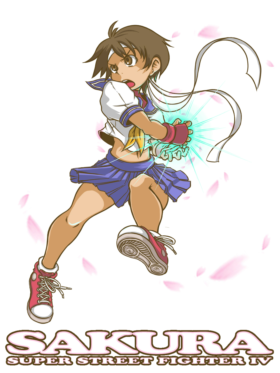 brown_eyes brown_hair cherry_blossoms converse english hadouken headband heggy highres kasugano_sakura legs open_mouth pleated_skirt school_uniform shoes short_hair simple_background skirt sneakers street_fighter street_fighter_iv street_fighter_zero super_street_fighter_iv white_background