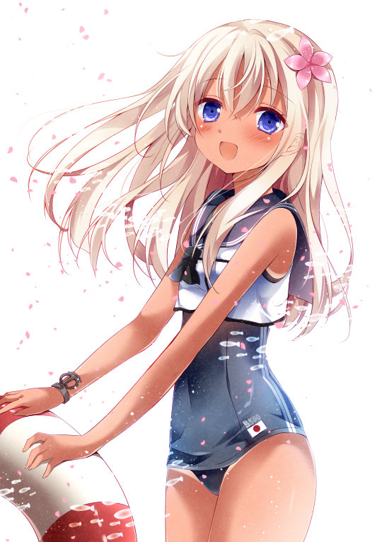 1girl :d bangs blue_eyes blush cowboy_shot crop_top flower hair_between_eyes hair_flower hair_ornament japanese_flag kantai_collection lifebuoy long_hair looking_at_viewer nogi_takayoshi one-piece_swimsuit open_mouth outstretched_arms ro-500_(kantai_collection) school_swimsuit school_uniform serafuku silver_hair simple_background smile solo standing swimsuit tan tanline tareme thighs white_background