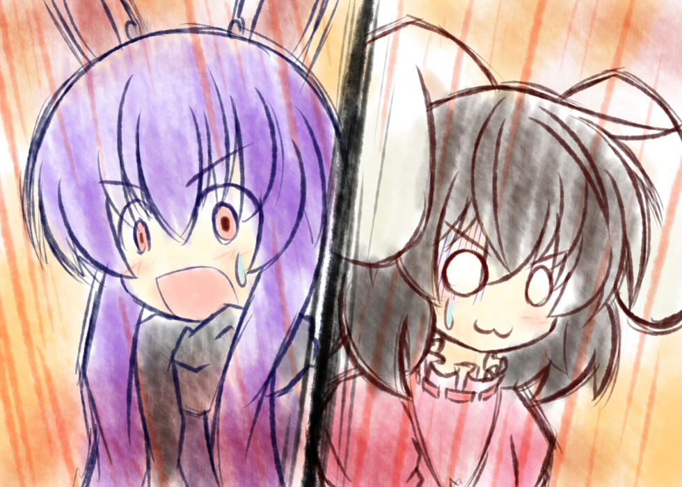 :3 animal_ears black_hair bunny_ears inaba_tewi long_hair multiple_girls o_o open_mouth purple_hair red_eyes reisen_udongein_inaba short_hair surprised touhou yurume_atsushi