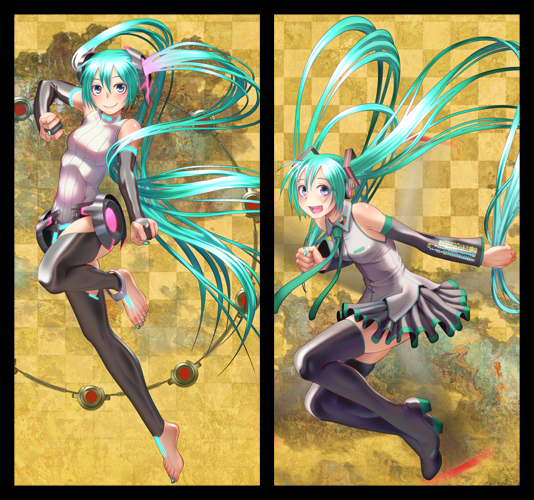 anklet aqua_hair barefoot blue_eyes boots bridal_gauntlets checkered checkered_background detached_sleeves feet fingernails hatsune_miku jewelry long_hair miku_append nail_polish necktie open_mouth skirt smile thigh-highs thigh_boots thighhighs toenails twintails very_long_hair vocaloid wokada zettai_ryouiki