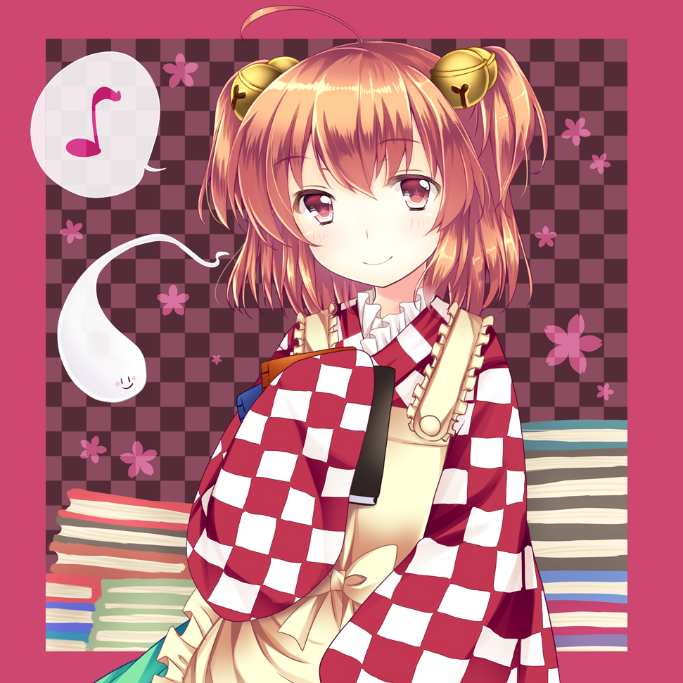 1girl ajiriko apron bell book book_stack brown_eyes brown_hair frame ghost hair_bell hair_ornament japanese_clothes kimono long_sleeves motoori_kosuzu musical_note smile solo spoken_musical_note touhou two_side_up wide_sleeves