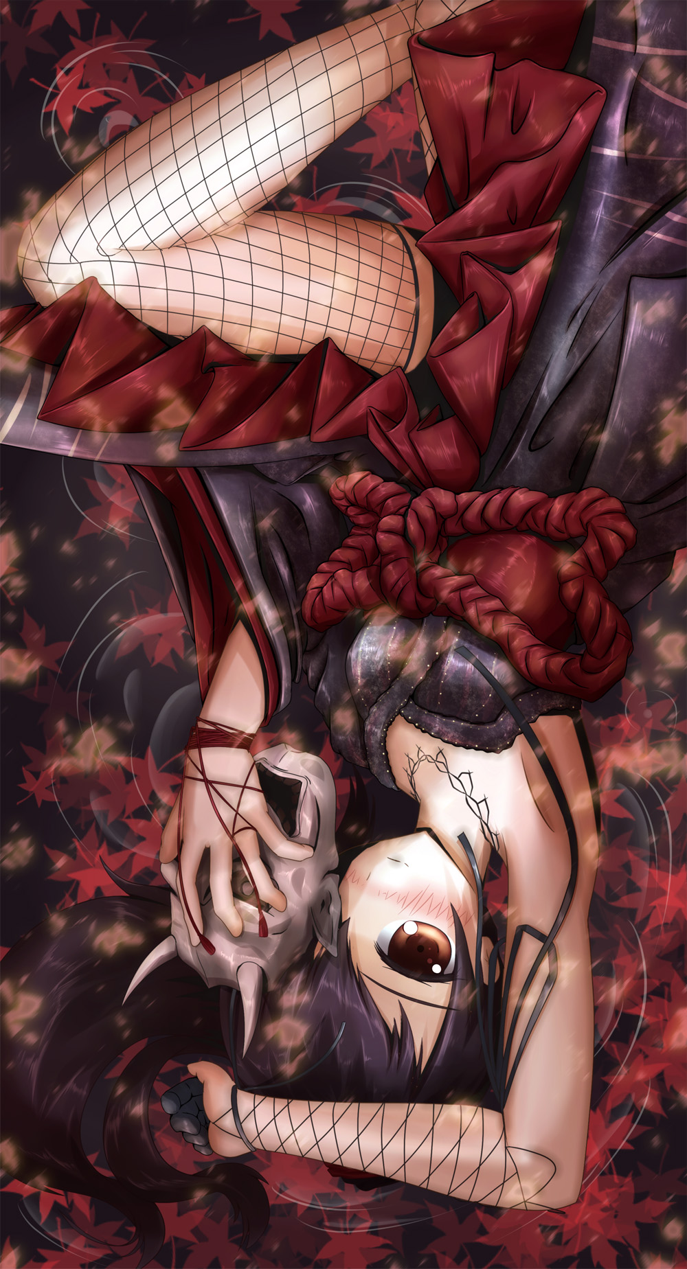 arm_up armpits black_hair blush brown_eyes copyright_request covering covering_eyes covering_face fishnet_legwear fishnet_stockings fishnets highres holding jewelry legwear lying mask mizuki_nana necklace on_back pikel seiyuu short_hair solo thigh-highs thighhighs water