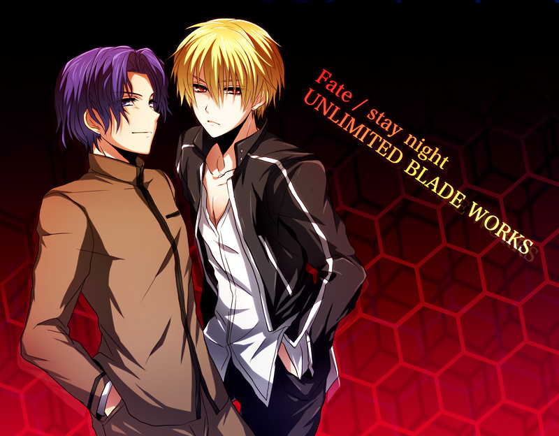 blonde_hair blue_eyes blue_hair casual fate/stay_night fate_(series) gilgamesh honeycomb_background male matou_shinji multiple_boys purple_hair red_background red_eyes school_uniform short_hair title_drop uka_(color_noise) wavy_hair