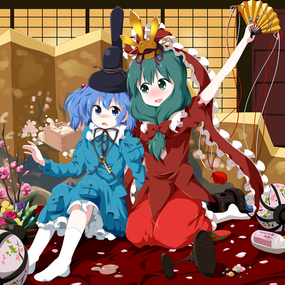 alternate_headwear arm_up blue_eyes blue_hair blush bottle fan flower folding_screen front_ponytail green_eyes green_hair hair_bobbles hair_ornament hair_ribbon hinamatsuri kagiyama_hina kawashiro_nitori masu multiple_girls open_mouth petals pocket ribbon shirt sitting skirt skirt_set smile socks touhou tsurukou_(tksymkw) twintails white_legwear