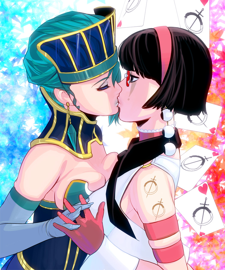 asymmetrical_docking bad_id bare_shoulders black_hair blue_hair blue_lipstick blue_rose_(tiger_&amp;_bunny) bob_cut breast_press breasts choker cleavage closed_eyes collar earrings elbow_gloves eyelashes eyes_closed facial_mark glasses gloves hairband hand_holding hat heart holding_hands jewelry karina_lyle kiss kriem lips lipstick makeup masao multiple_girls necktie ouroboros red-framed_glasses short_hair skindentation star superhero tattoo tiger_&amp;_bunny yuri