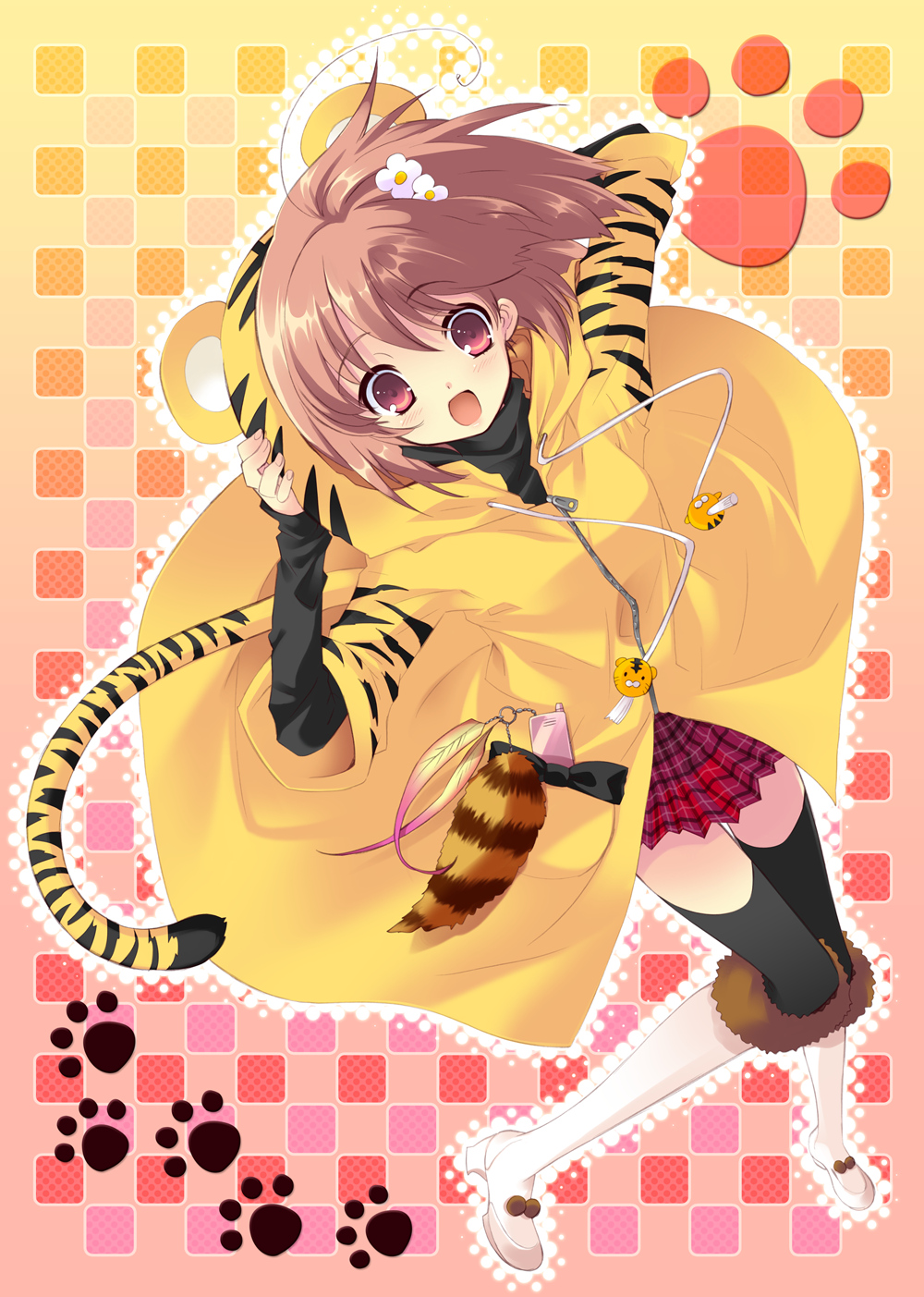 absurdres animal_ears boots checkered flyable_heart highres inaba_yui itou_noiji paw_print tail thigh-highs thighhighs tiger_print