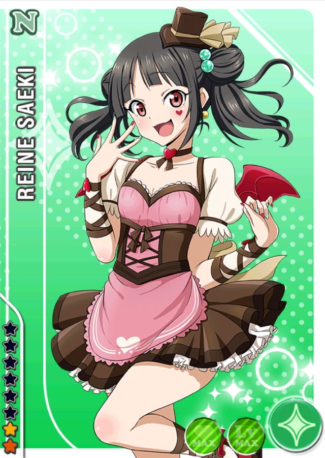 1girl bat_wings black_hair card_(medium) character_name choker double_bun earrings heart jewelry looking_at_viewer love_live!_school_idol_festival love_live!_school_idol_project mini_hat nail_art nail_polish official_art puffy_short_sleeves puffy_sleeves red_eyes saeki_reine short_hair short_sleeves smile solo twintails wings