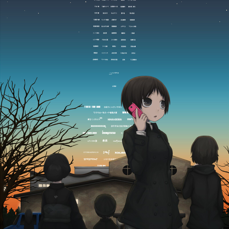 brick brick_wall brown_eyes brown_hair building cellphone credits cross formal funeral funeral_dress japanese_clothes multiple_girls open_mouth original outdoors phone short_hair sky star sunset talking_on_phone text tree vehicle yajirushi_(chanoma)