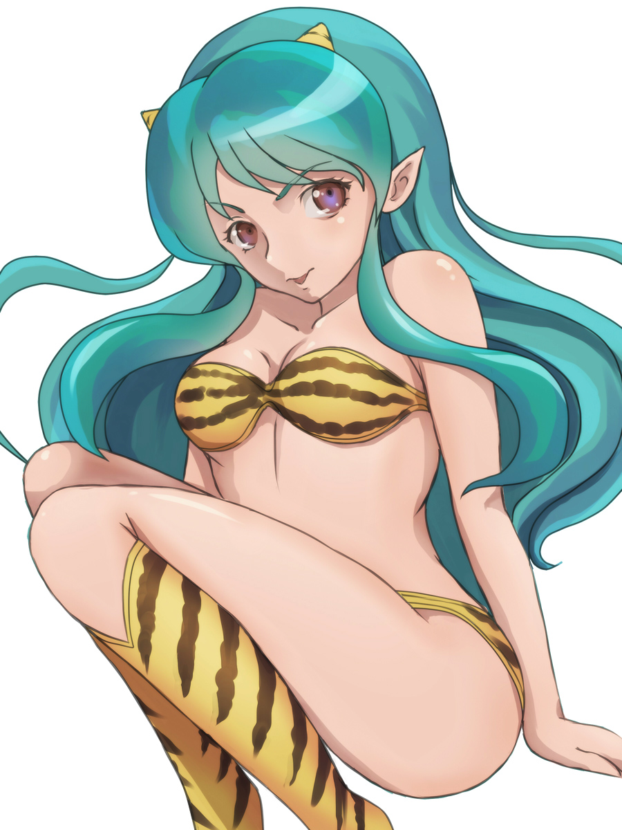 1girl aqua_hair bikini boots breasts cleavage highres horns long_hair looking_at_viewer lum midriff navel pointy_ears purple_eyes simple_background solo swimsuit tiger_print tongue tyamaguch urusei_yatsura violet_eyes white_background