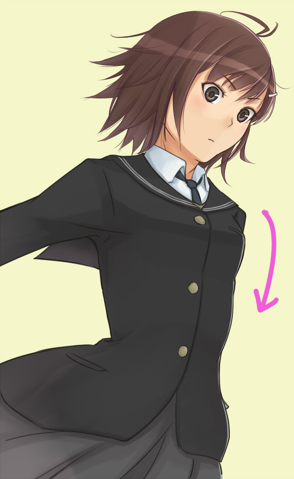 akitotika amagami antenna_hair arrow bob_cut brown_eyes brown_hair cardigan directional_arrow expressionless hair_ornament hairclip itou_kanae_(amagami) messy_hair school_uniform skirt yellow_background