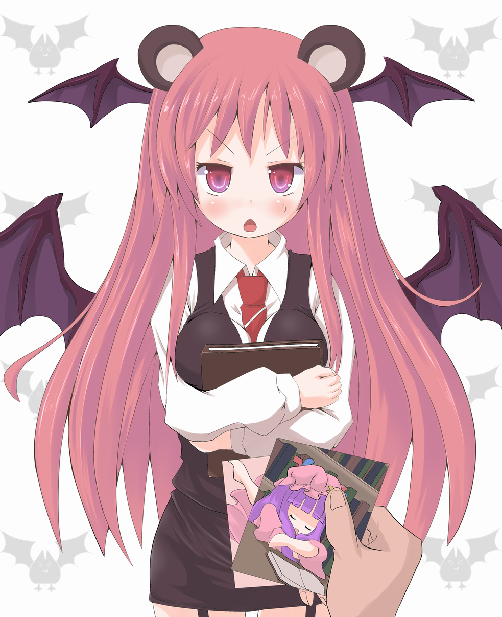 animal_ears annoyed bat_wings bear_ears blackmail blush book book_hug bookshelf breasts crossed_arms demon_wings dress_shirt garter_straps head_wings highres kemonomimi_mode koakuma large_breasts long_hair looking_at_viewer maromi_gou necktie open_mouth patchouli_knowledge photo_(object) pov red_eyes red_hair redhead shirt skirt skirt_set sleeping solo the_embodiment_of_scarlet_devil touhou very_long_hair vest white_shirt wings