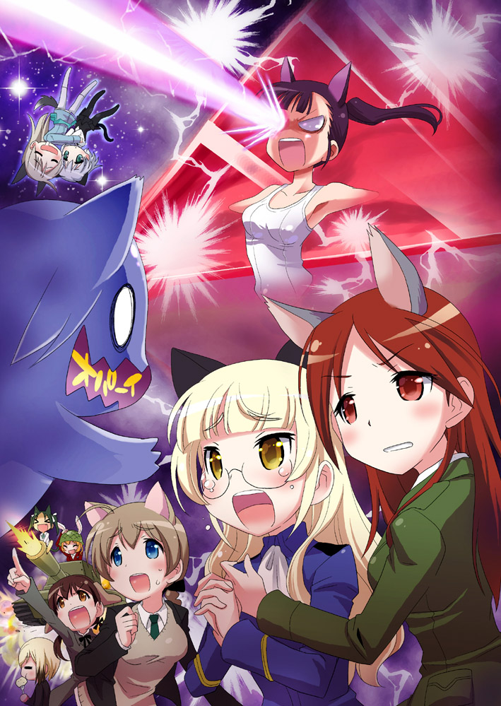 6+girls animal_ears black_hair blonde_hair blue_eyes blush bow brown_eyes brown_hair bunny_ears cat_ears cat_tail charlotte_e_yeager closed_eyes crying crying_with_eyes_open dog_ears dress_shirt eating eila_ilmatar_juutilainen erica_hartmann everyone eye_beam eyes_closed fang fork francesca_lucchini gertrud_barkhorn glasses green_eyes grey_hair hands_clasped holding hug igaiga laughing lynette_bishop military military_vehicle minna-dietlinde_wilcke multiple_girls necktie one-piece_swimsuit open_mouth orange_hair pantyhose perrine_h_clostermann pointing red_eyes red_hair redhead ribbon sakamoto_mio sanya_v_litvyak shirt star strike_witches sweatdrop swimsuit tail tank tears vehicle vest yellow_eyes