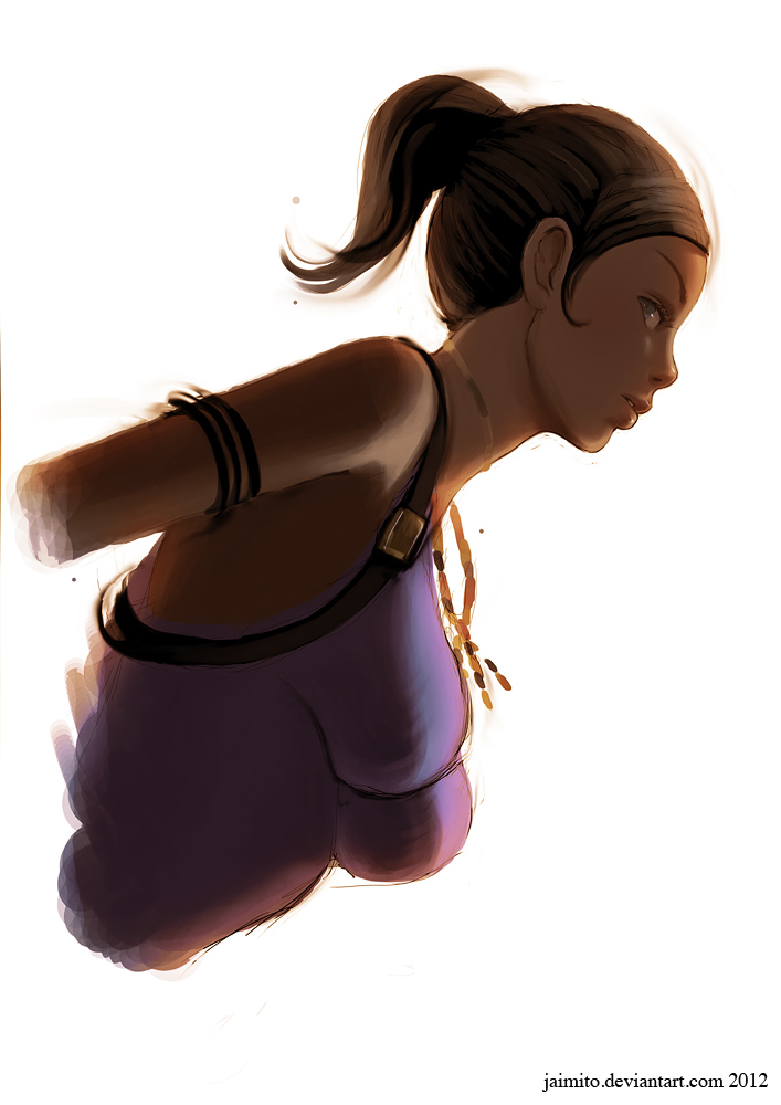 armlet breasts brown_eyes brown_hair capcom dark_skin jaimito jewelry lips necklace no_arms resident_evil resident_evil_5 sheva_alomar short_ponytail solo