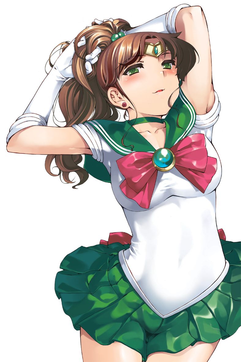 armpits arms_up artist_request bishoujo_senshi_sailor_moon blush bow brown_hair choker cover cover_page doujin_cover dress earring earrings elbow_gloves gloves green_eyes jewelry kino_makoto long_hair magical_girl mr.lostman ponytail red-rum ribbon rose sailor_dress sailor_jupiter simple_background skirt source_request tiara white_background