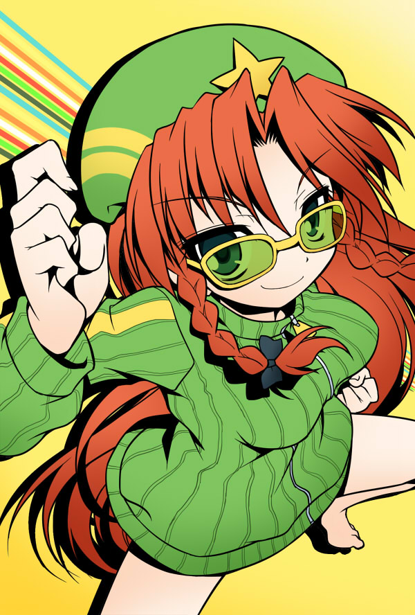 akou_roushi barefoot blue_eyes bottomless bow braid hair_bow hat hong_meiling long_hair naked_sweater no_pants parody persona persona_4 red_hair redhead ribbed_sweater satonaka_chie simple_background smile solo star sunglasses sweater touhou twin_braids yellow_background zipper