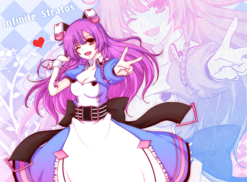 artist_request ayo_(alixce) bow bracelet breasts bunny_ears cleavage dress happy heart infinite_stratos jewelry long_hair mechanical_parts open_mouth pink_eyes purple_hair red_eyes shinonono_tabane smile solo title_drop twin_braids v wink zoom_layer