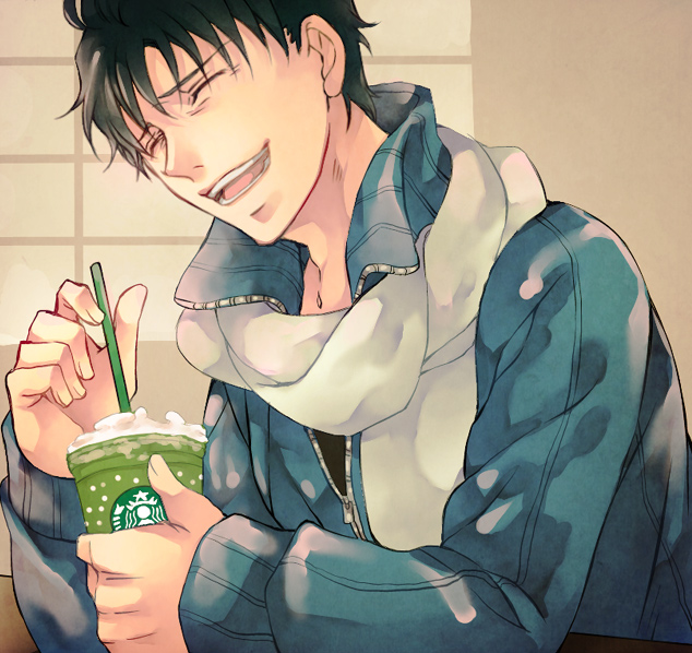 alternate_costume black_hair blue_jacket coffee fate/zero fate_(series) jacket laughing male matou_kariya nishi_juuji scarf solo starbucks