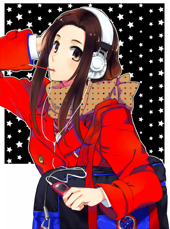 bad_id bag black_hair blazer brown_eyes digital_media_player earphones female hand_on_headphones headphones joujima_yuuki kamen_rider kamen_rider_fourze_(series) kotono long_hair mp3 pocky scarf school_uniform solo