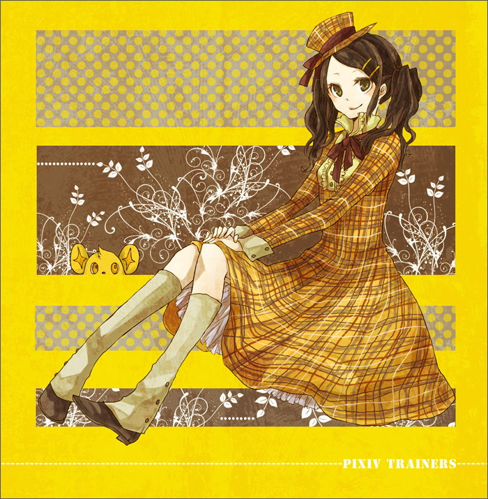 black_hair brown_eyes buzz dress english floral_background flower hair_ornament hairpin hand_on_lap hat knees looking_at_viewer neck_ribbon original plaid polka_dot polka_dot_background ribbon shoes sitting smile text twintails yellow yellow_eyes