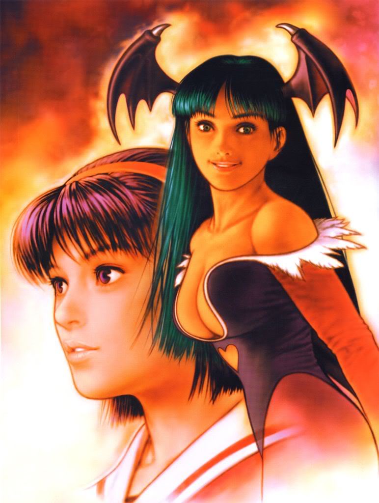 asamiya_athena bare_shoulders breasts capcom capcom_vs_snk capcom_vs_snk_2 cleavage demon_girl elbow_gloves gloves green_eyes green_hair head_wings headband king_of_fighters long_hair mori_toshiaki morrigan_aensland multiple_girls psycho_soldier shinkiro snk succubus vampire_(game)