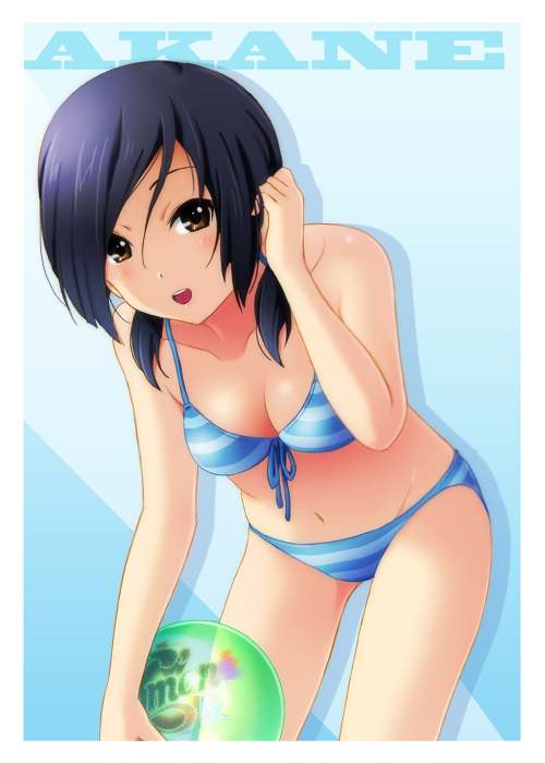 :o ball beachball bikini black_hair brown_eyes character_name extra front-tie_top k-on! leaning_forward long_hair looking_at_viewer mound_of_venus navel open_mouth satou_akane shian_(my_lonly_life.) solo striped striped_bikini striped_swimsuit swimsuit twintails