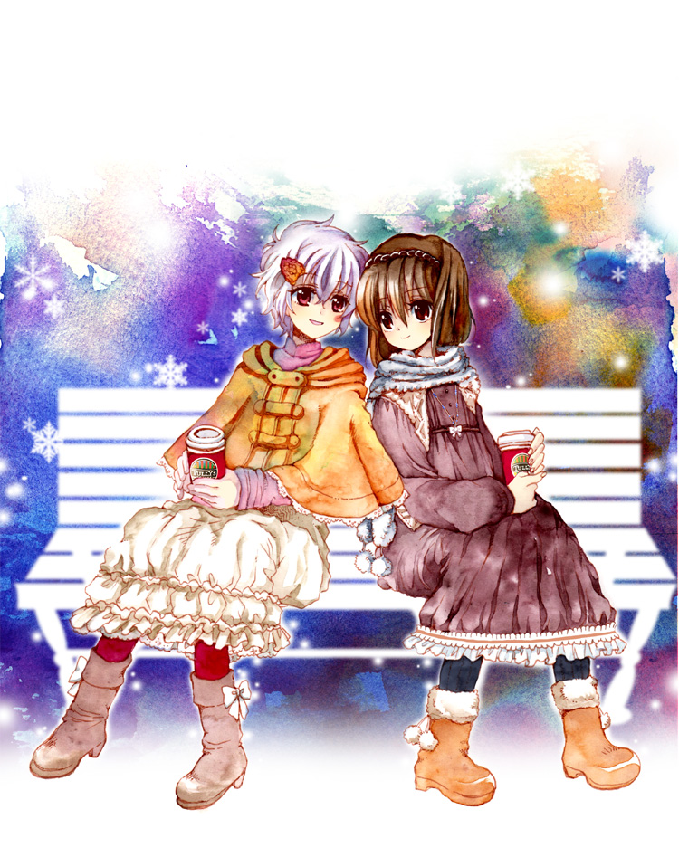 2girls bench brown_hair multiple_girls natsumememe nezumi_(no.6) no.6 safu short_hair smile snowing