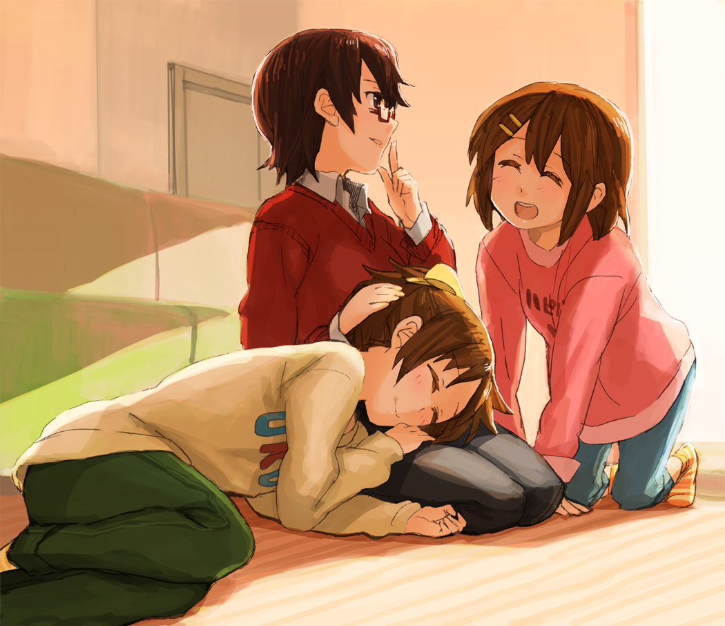 brown_eyes brown_hair closed_eyes couch eyes_closed fukutarou_(enji127) glasses hirasawa_ui hirasawa_yui k-on! lap_pillow manabe_nodoka multiple_girls short_hair sleeping sweater