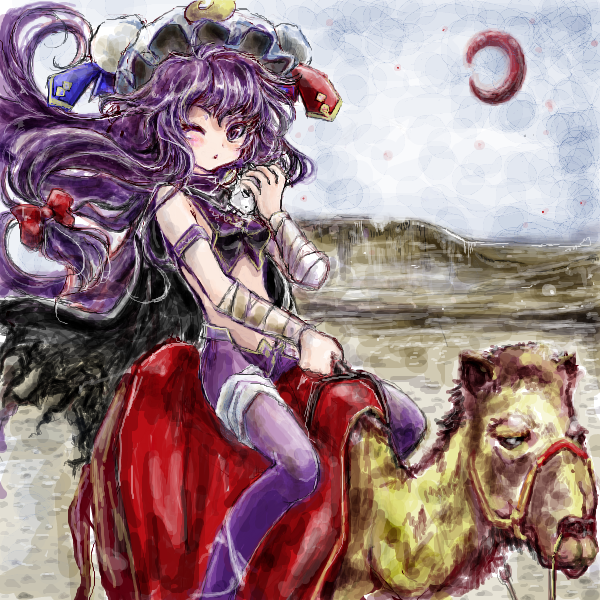 alternate_costume bandage bandages bare_shoulders bow camel crescent_moon desert hair_bow hat long_hair moon nanashii_(soregasisan) pants patchouli_knowledge purple_hair red_moon sitting solo straddle touhou very_long_hair wink