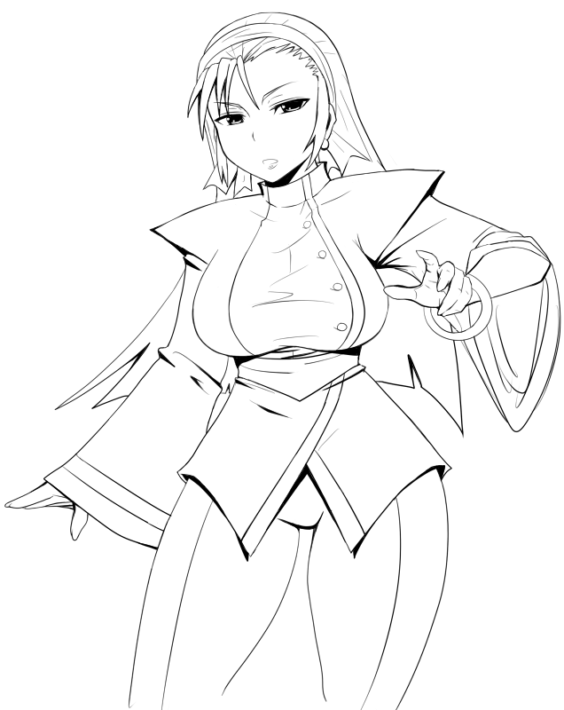 bangle bangs bracelet breasts curvy female fringe greyscale hairband hips jewelry kagura_chizuru king_of_fighters large_breasts lineart long_hair monochrome okyou snk solo wide_hips wide_sleeves