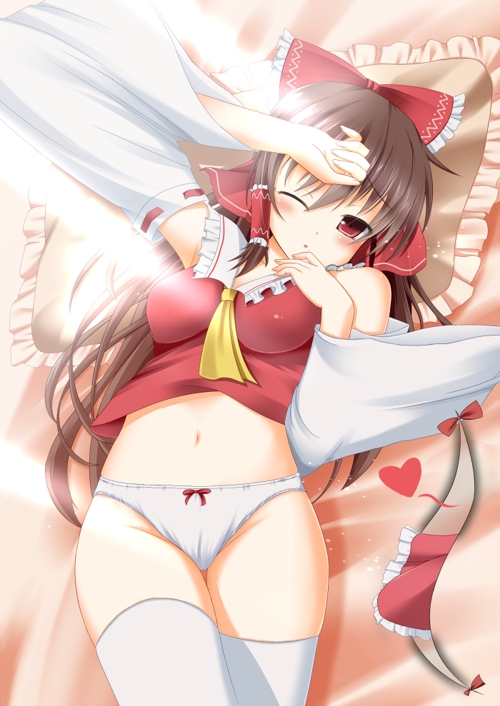 ascot bare_shoulders blush bow bow_panties breasts brown_hair detached_sleeves gap hair_bow hair_tubes hakurei_reimu heart impossible_clothes long_hair lying miko navel no_pants on_back panties red_eyes solo sunlight takataka thigh-highs thighhighs touhou underwear white_legwear white_panties wide_sleeves wince