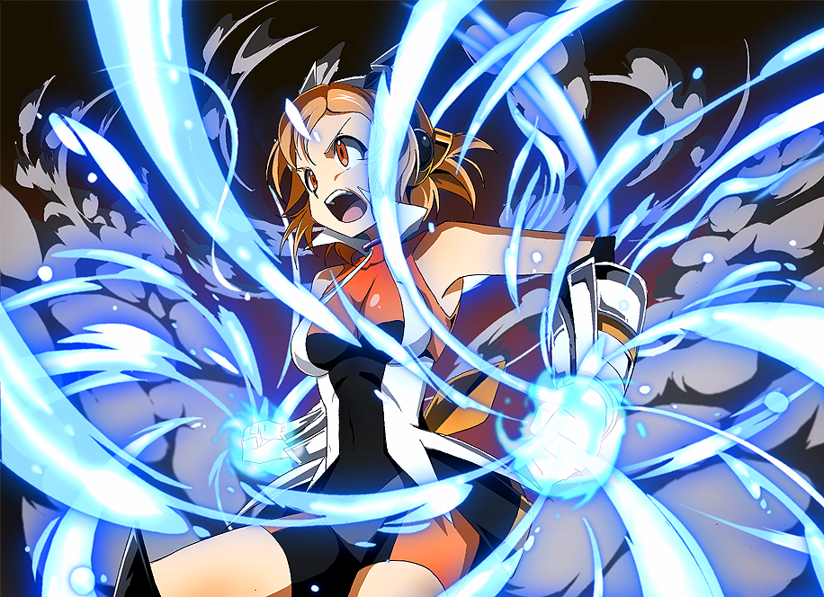 bike_shorts gauntlets glowing headphones open_mouth orange_eyes orange_hair senki_zesshou_symphogear suiya tachibana_hibiki_(symphogear)