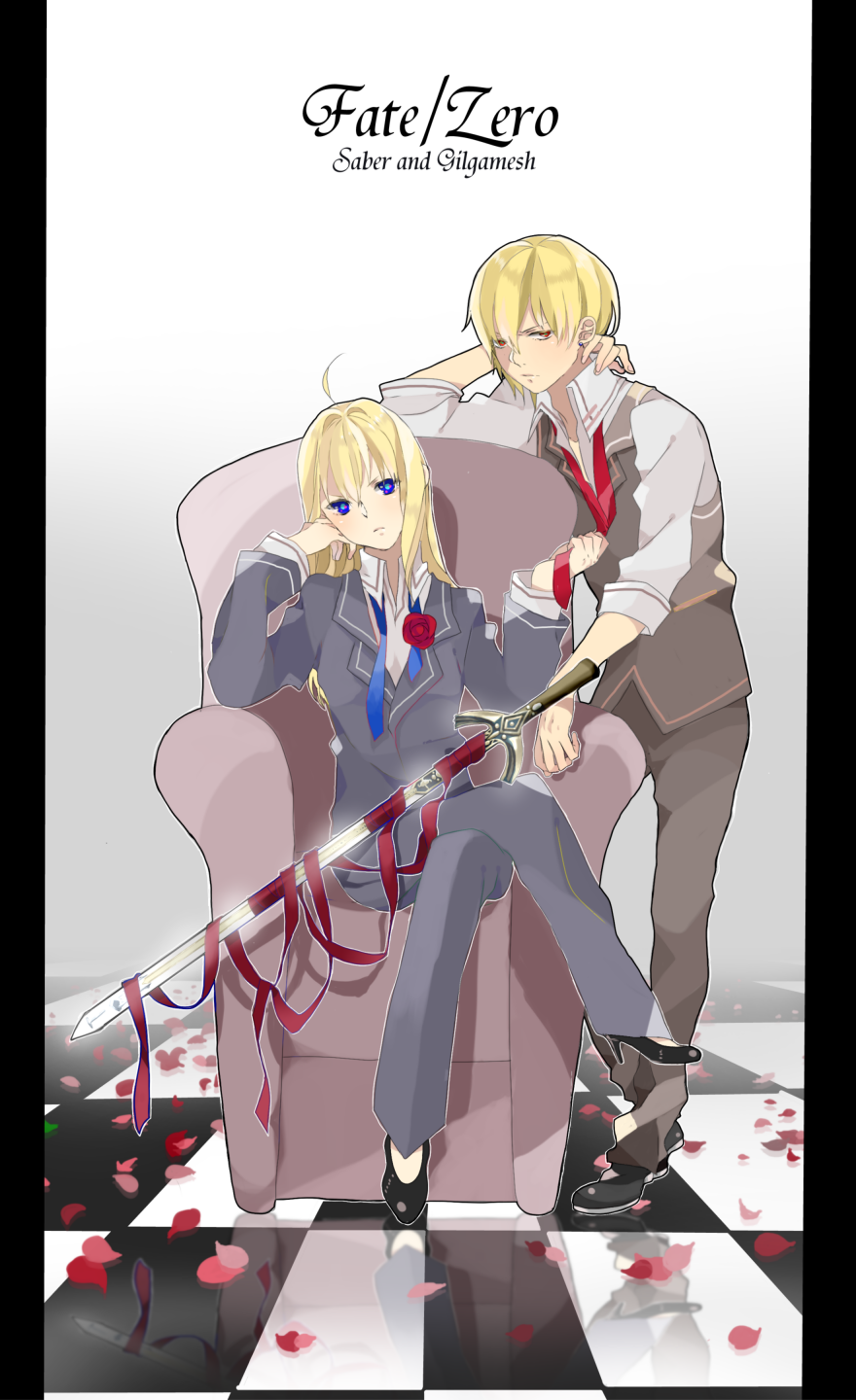 1girl ahoge bad_id blonde_hair blue_eyes checkered checkered_floor corsage couch fate/zero fate_(series) formal gilgamesh highres kurohal long_hair necktie necktie_pull pant_suit petals pillarboxed ponytail red_eyes ribbon saber suit sword weapon