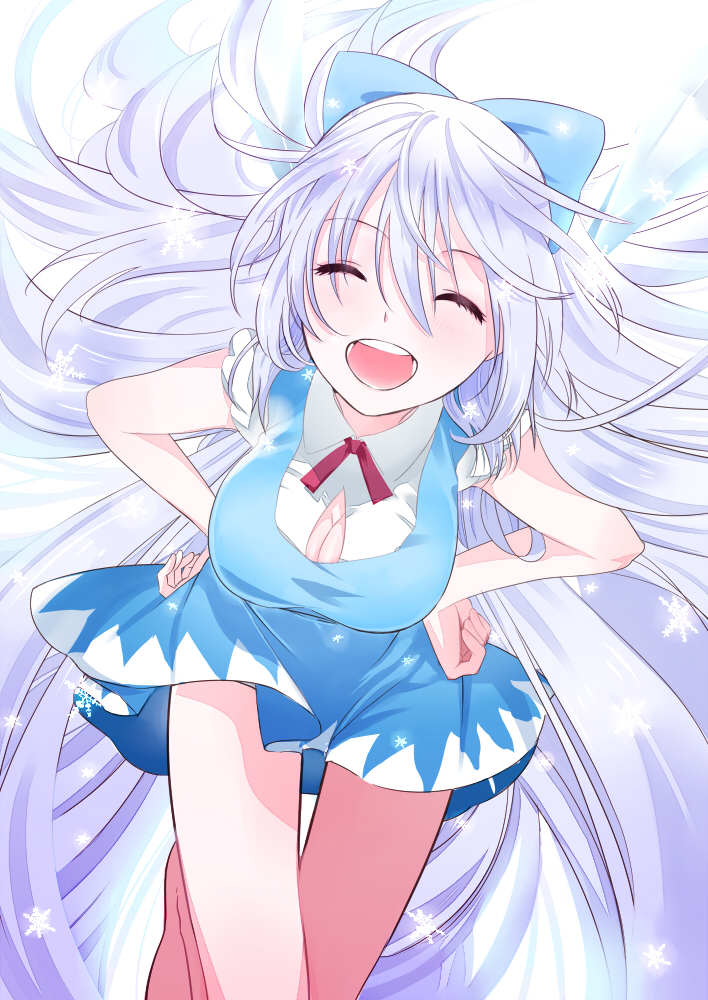 adult alternate_hair_length alternate_hairstyle barefoot blue_dress blue_hair bow breasts cirno cleavage cleavage_cutout closed_eyes dress eyes_closed hair_bow hands_on_hips happy large_breasts leaning_forward long_hair open_mouth sleeves_rolled_up snowflakes solo teenage touhou very_long_hair yamada_ranga